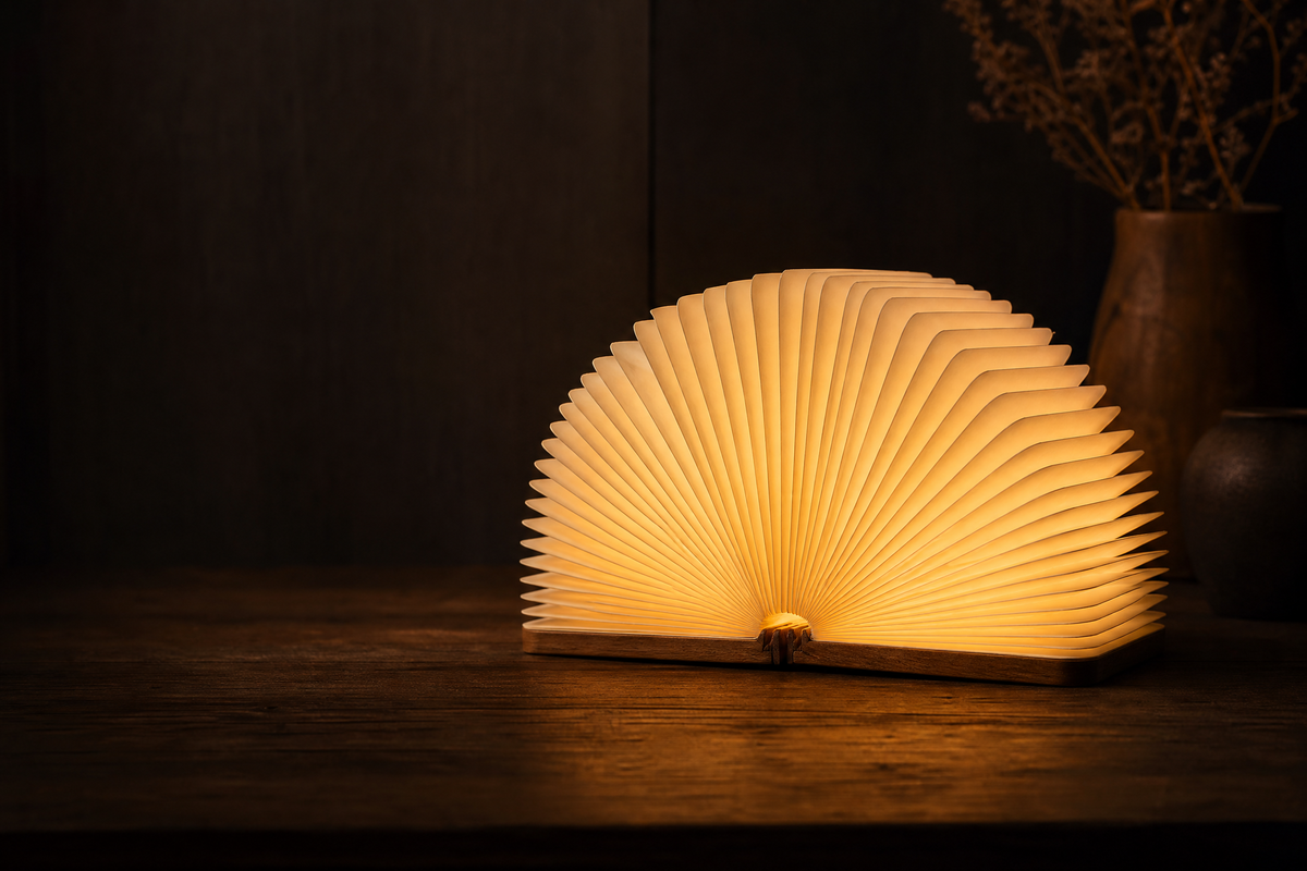 Lámpara libro plegable encendida